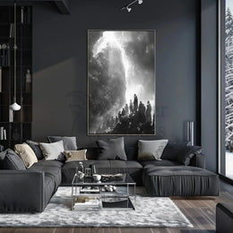 Mystical Journey Through Monochrome Mountains Artistic Poster PosterGoat