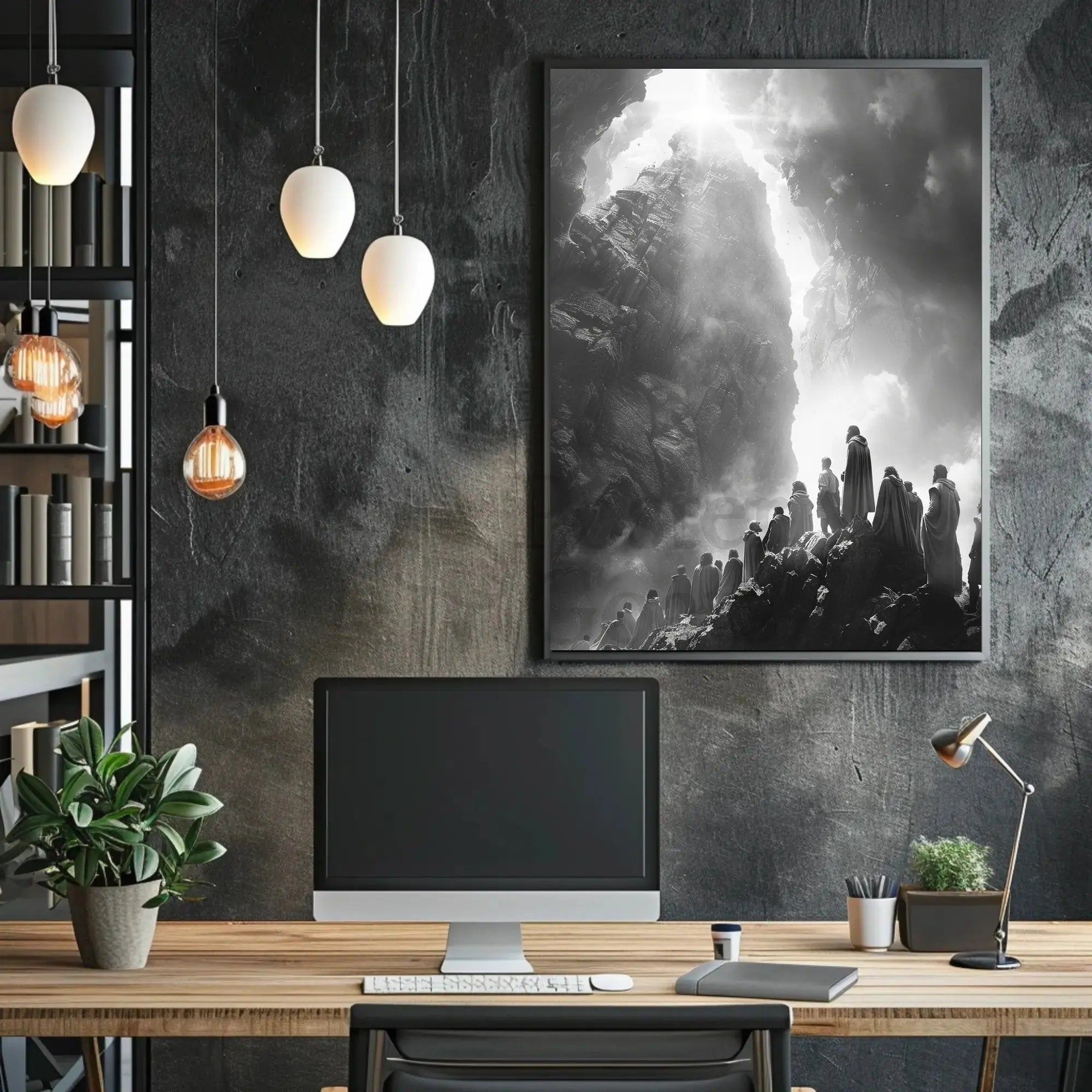 Mystical Journey Through Monochrome Mountains Artistic Poster PosterGoat