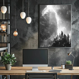Mystical Journey Through Monochrome Mountains Artistic Poster PosterGoat