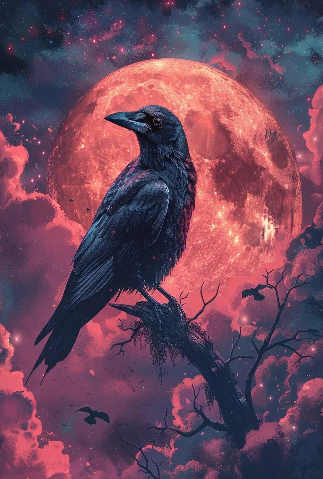 Mystical Raven Under Blood Moon Artistic Poster PosterGoat