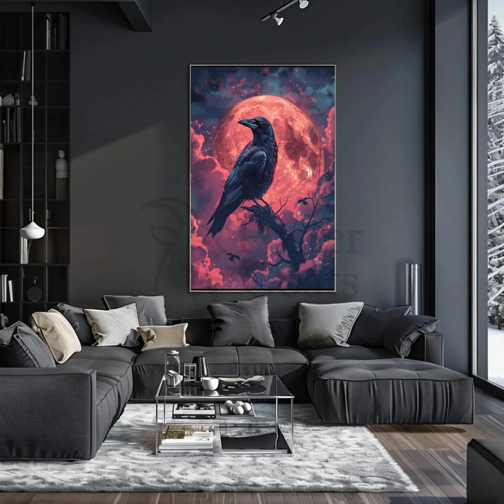 Mystical Raven Under Blood Moon Artistic Poster PosterGoat