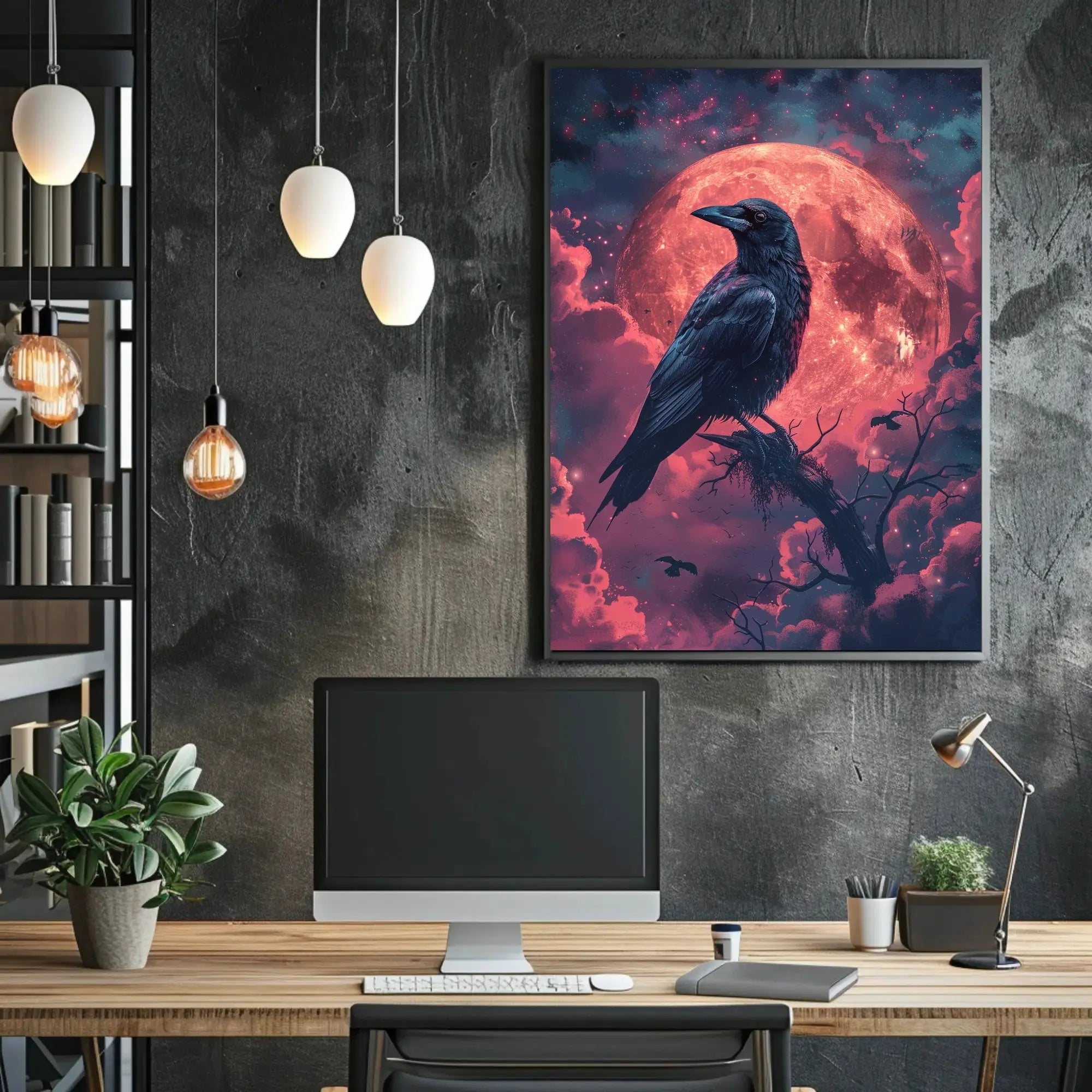 Mystical Raven Under Blood Moon Artistic Poster PosterGoat