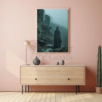 Mystical Robed Figure in Fantasy Ruins - Artistic Poster PosterGoat