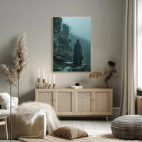 Mystical Robed Figure in Fantasy Ruins - Artistic Poster PosterGoat