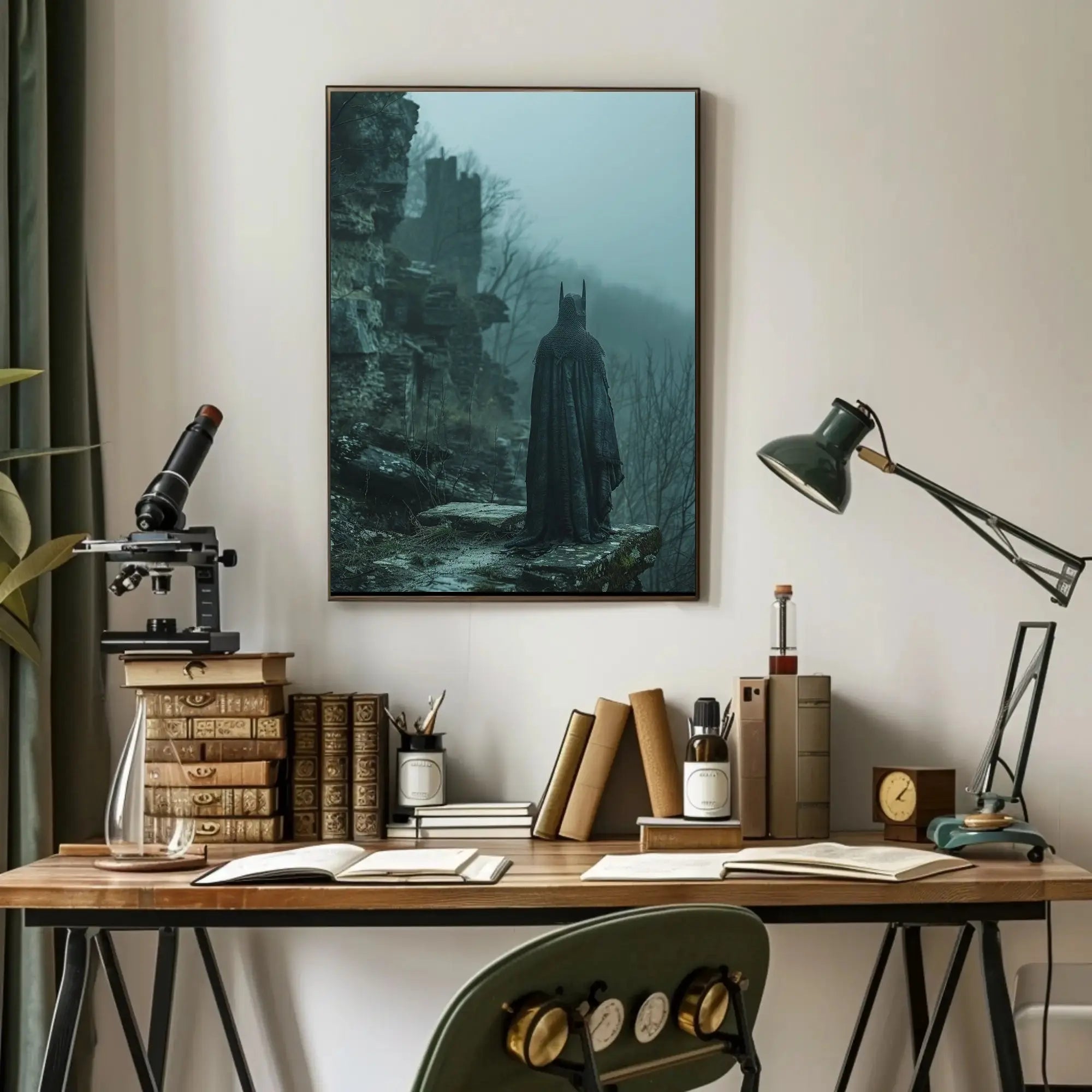 Mystical Robed Figure in Fantasy Ruins - Artistic Poster PosterGoat