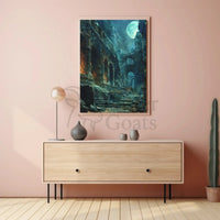 Mystical Ruins in Moonlight: Artistic Fantasy Poster PosterGoat