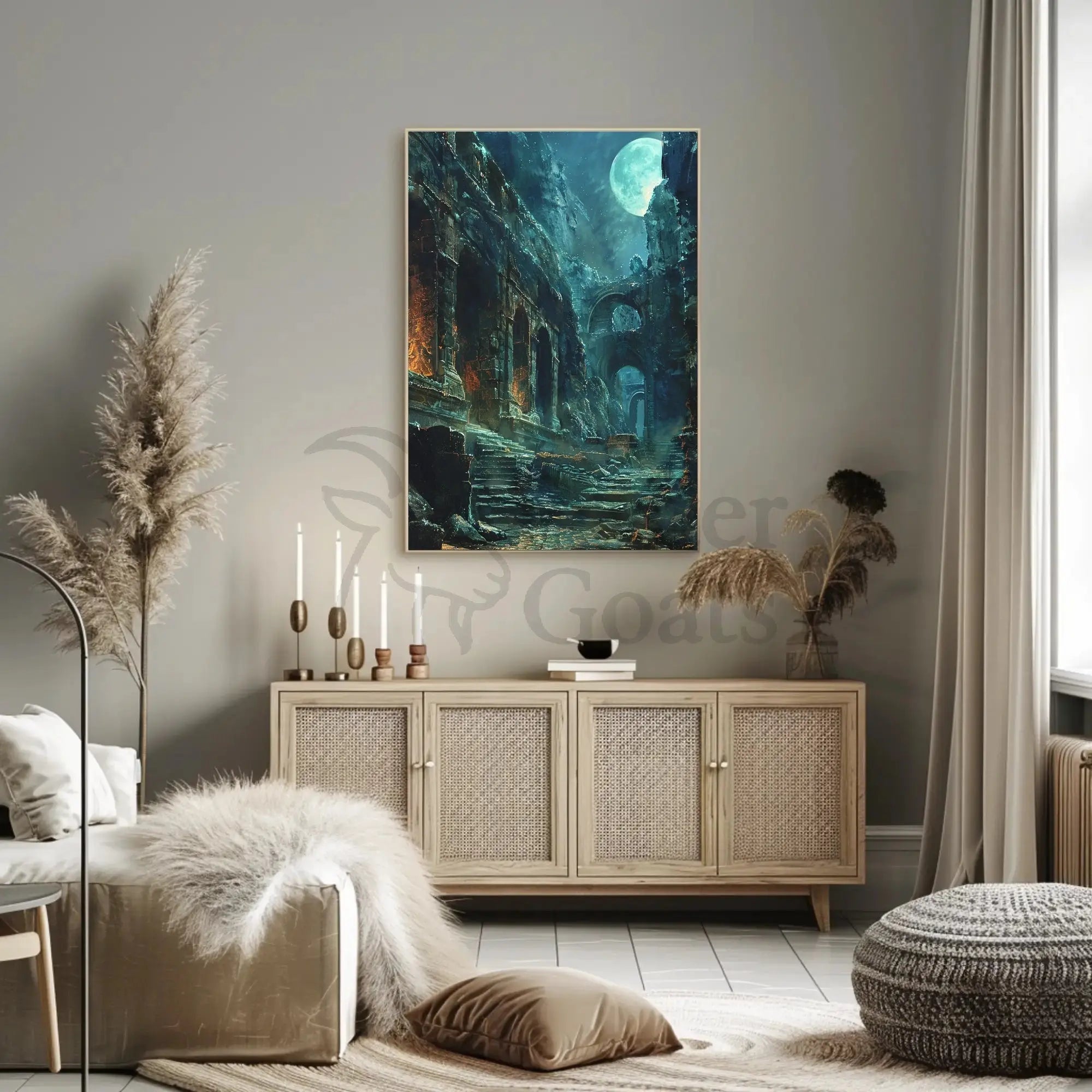 Mystical Ruins in Moonlight: Artistic Fantasy Poster PosterGoat