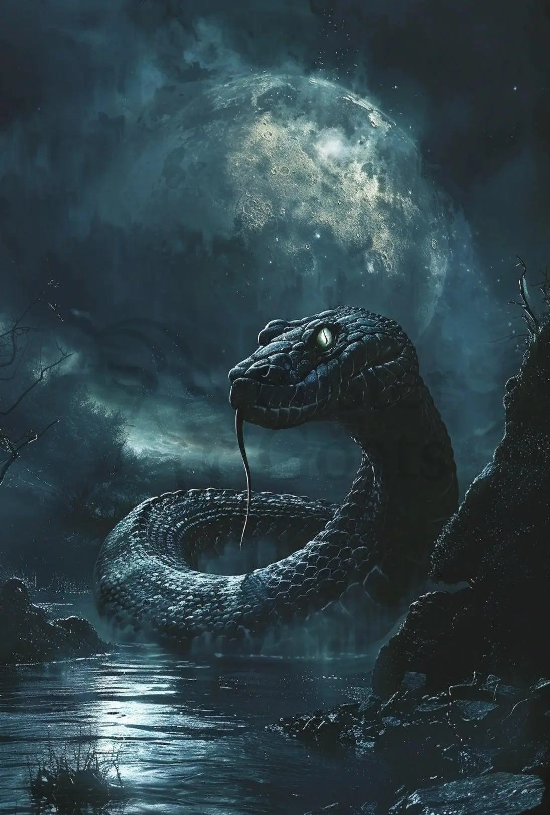 Mystical Serpent Under Moon Art Poster PosterGoat