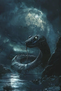 Mystical Serpent Under Moon Art Poster PosterGoat