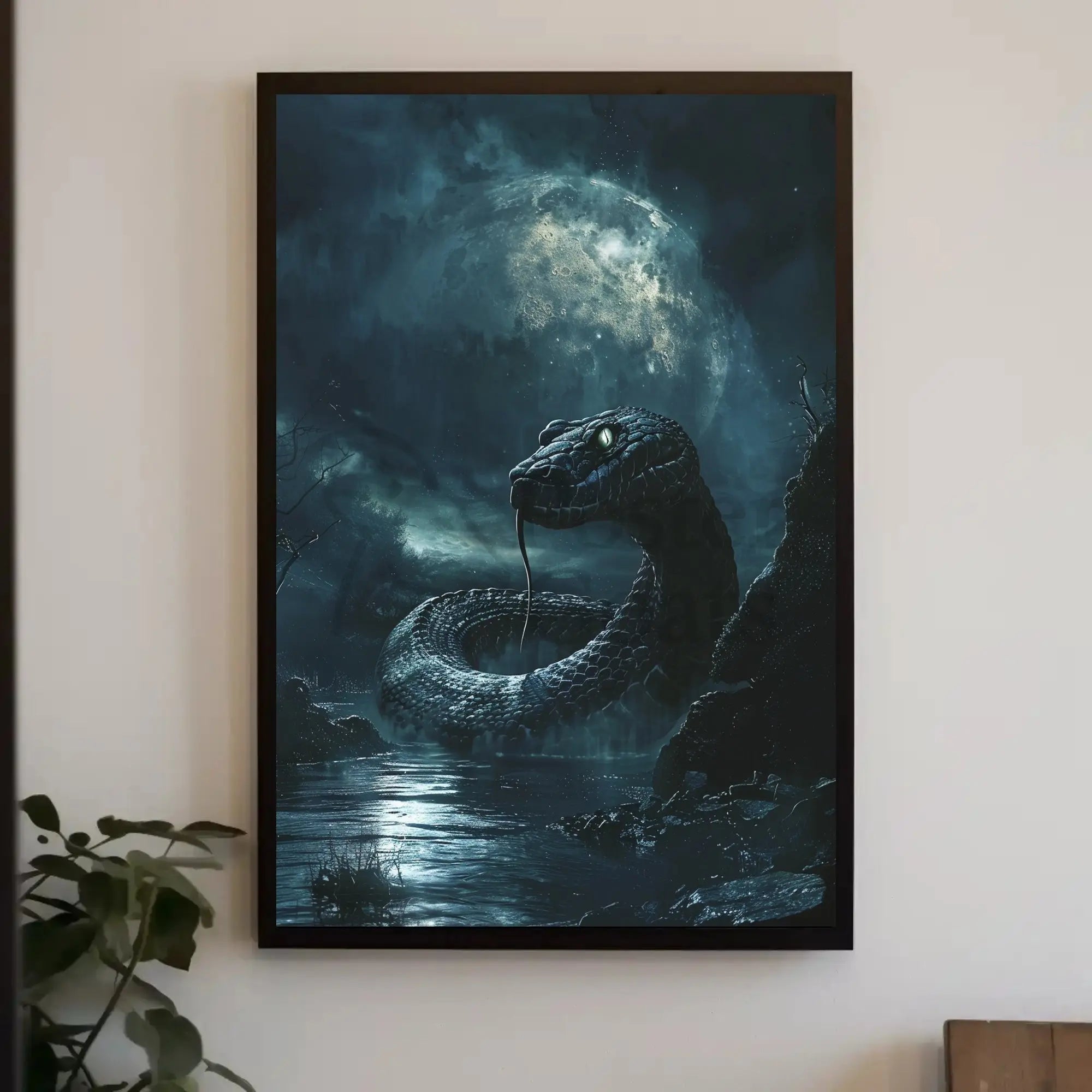 Mystical Serpent Under Moon Art Poster PosterGoat