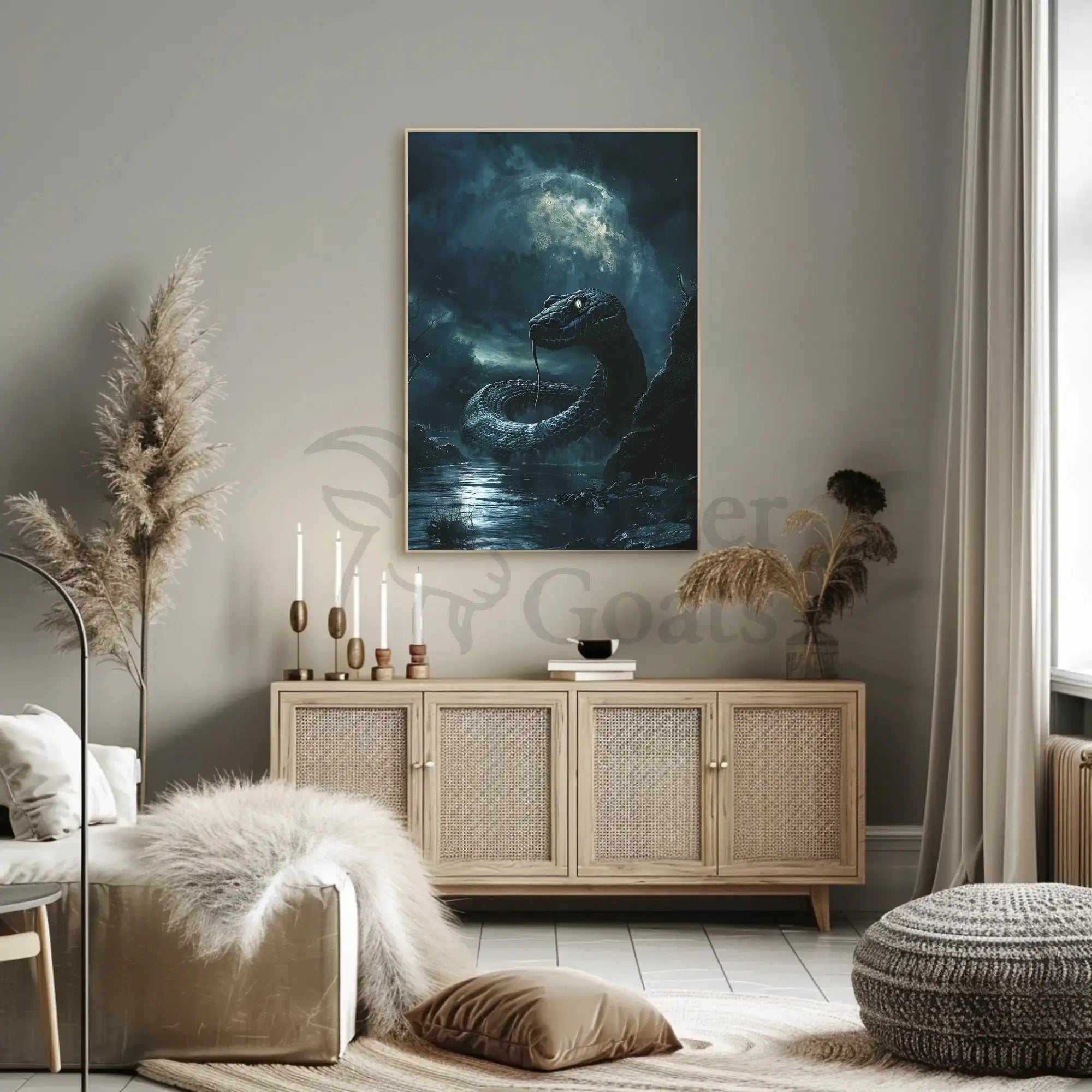 Mystical Serpent Under Moon Art Poster PosterGoat