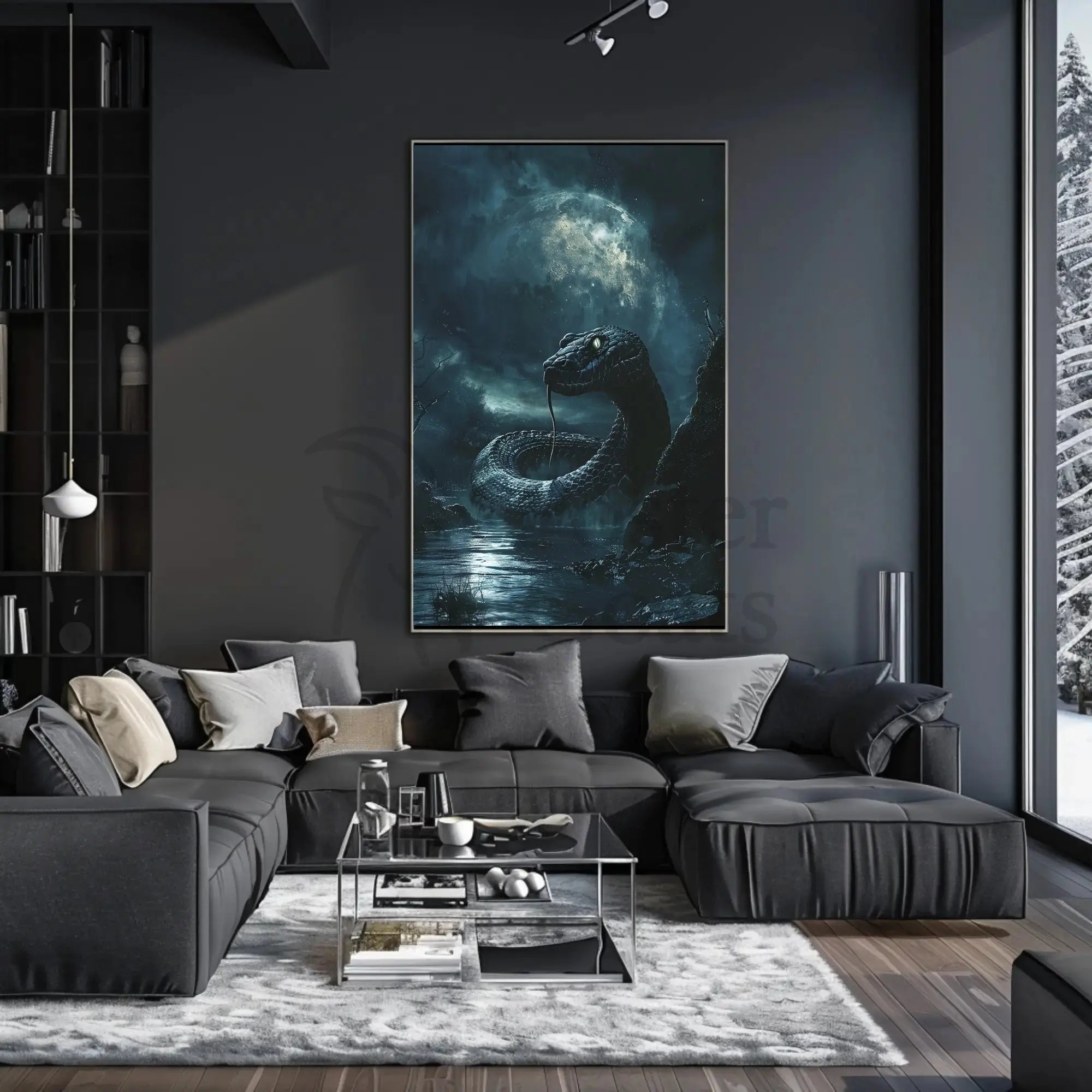 Mystical Serpent Under Moon Art Poster PosterGoat