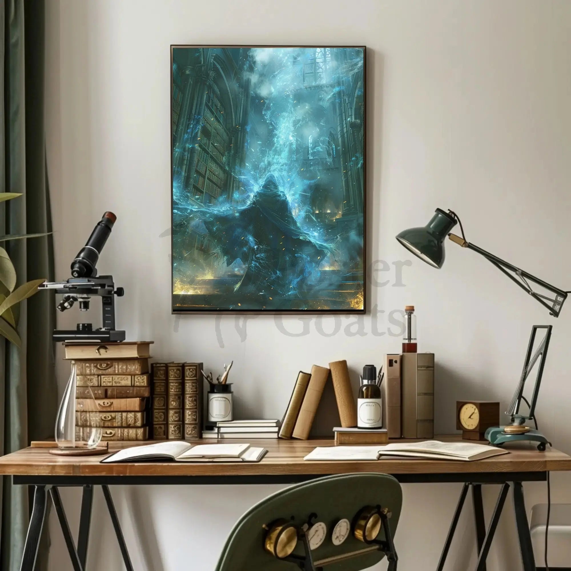 Mystical Wizard in Grand Library Fantasy Art Poster PosterGoat