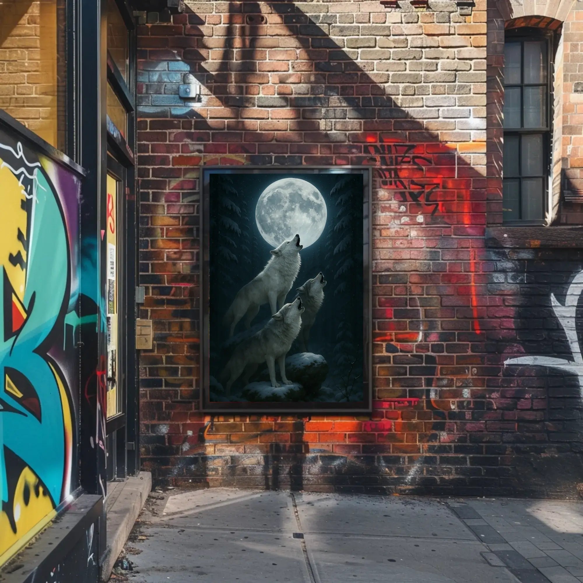 Mystical Wolves Howling at Moon Animal Poster PosterGoat