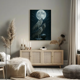 Mystical Wolves Howling at Moon Animal Poster PosterGoat