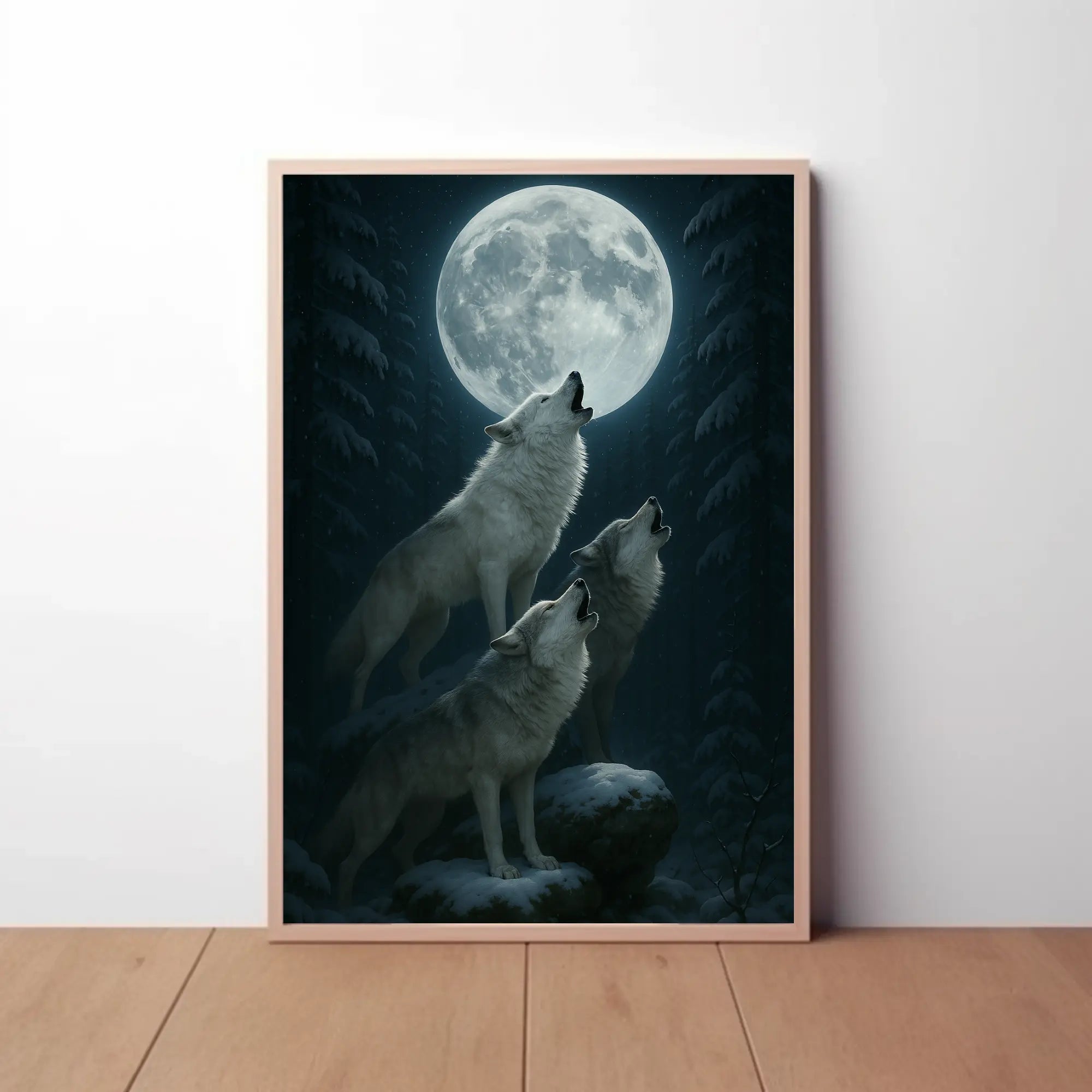 Mystical Wolves Howling at Moon Animal Poster PosterGoat