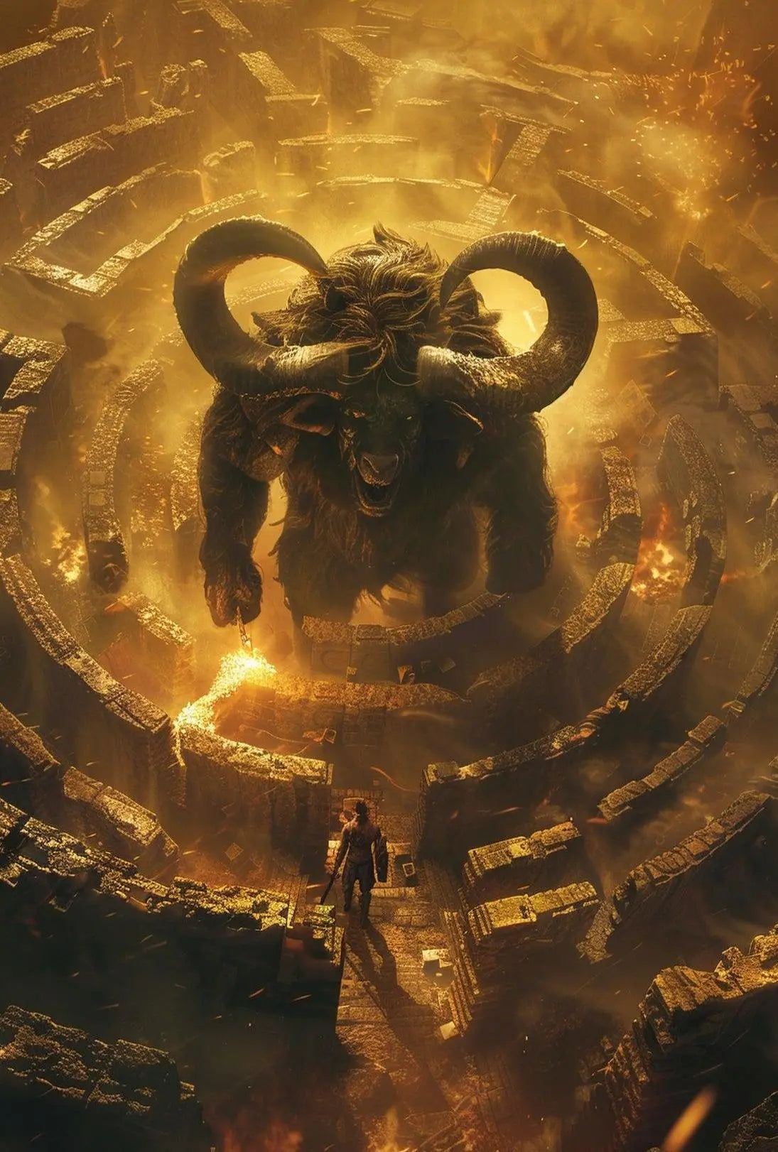 Mythical Minotaur Labyrinth Confrontation Fantasy Artistic Poster PosterGoat