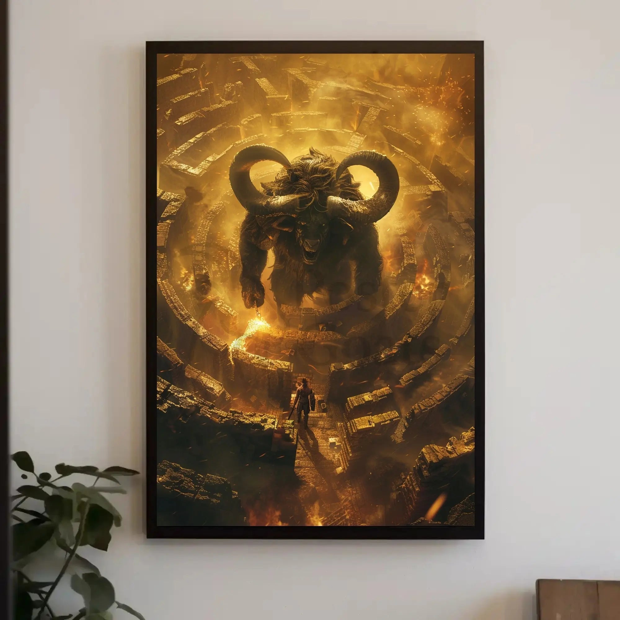 Mythical Minotaur Labyrinth Confrontation Fantasy Artistic Poster PosterGoat