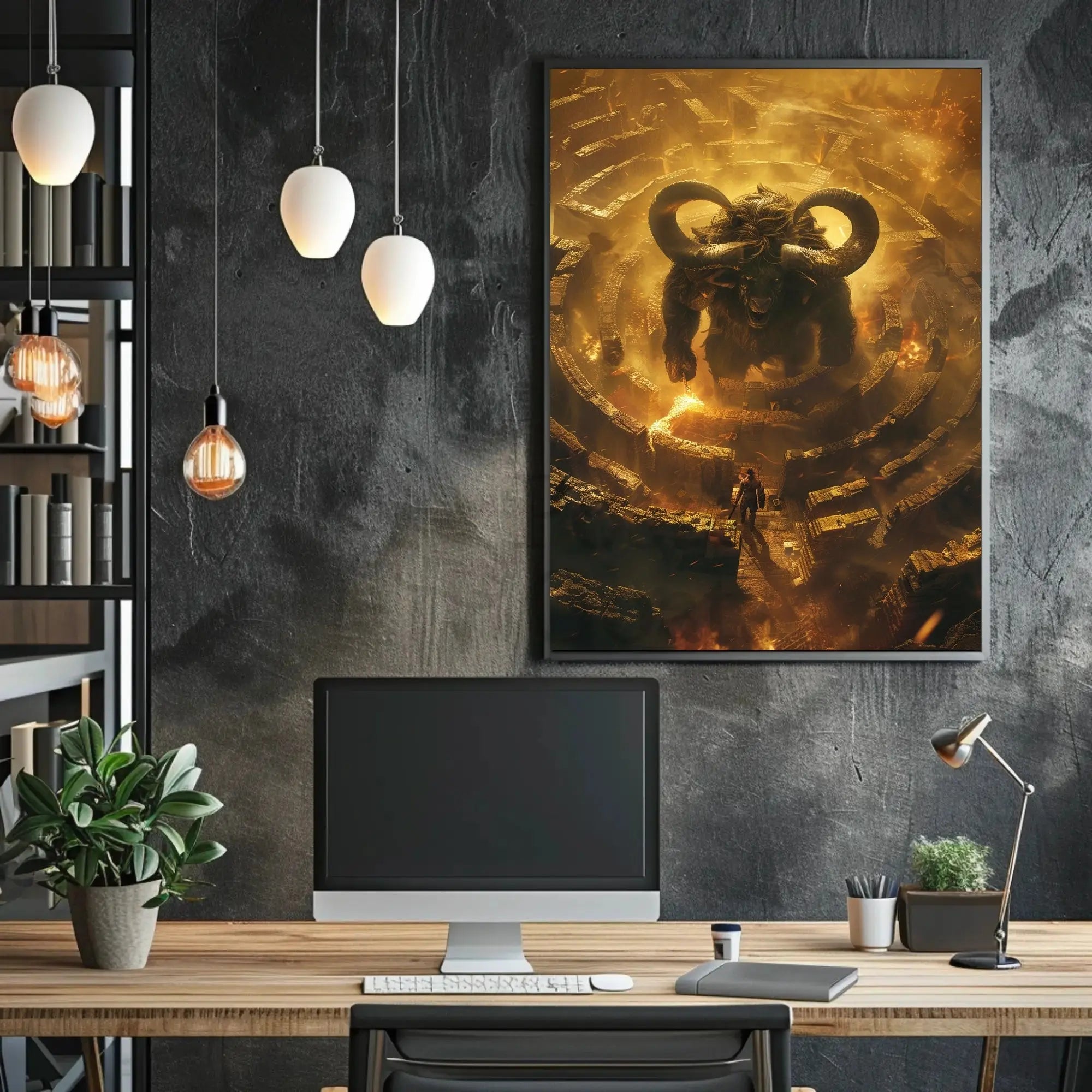 Mythical Minotaur Labyrinth Confrontation Fantasy Artistic Poster PosterGoat