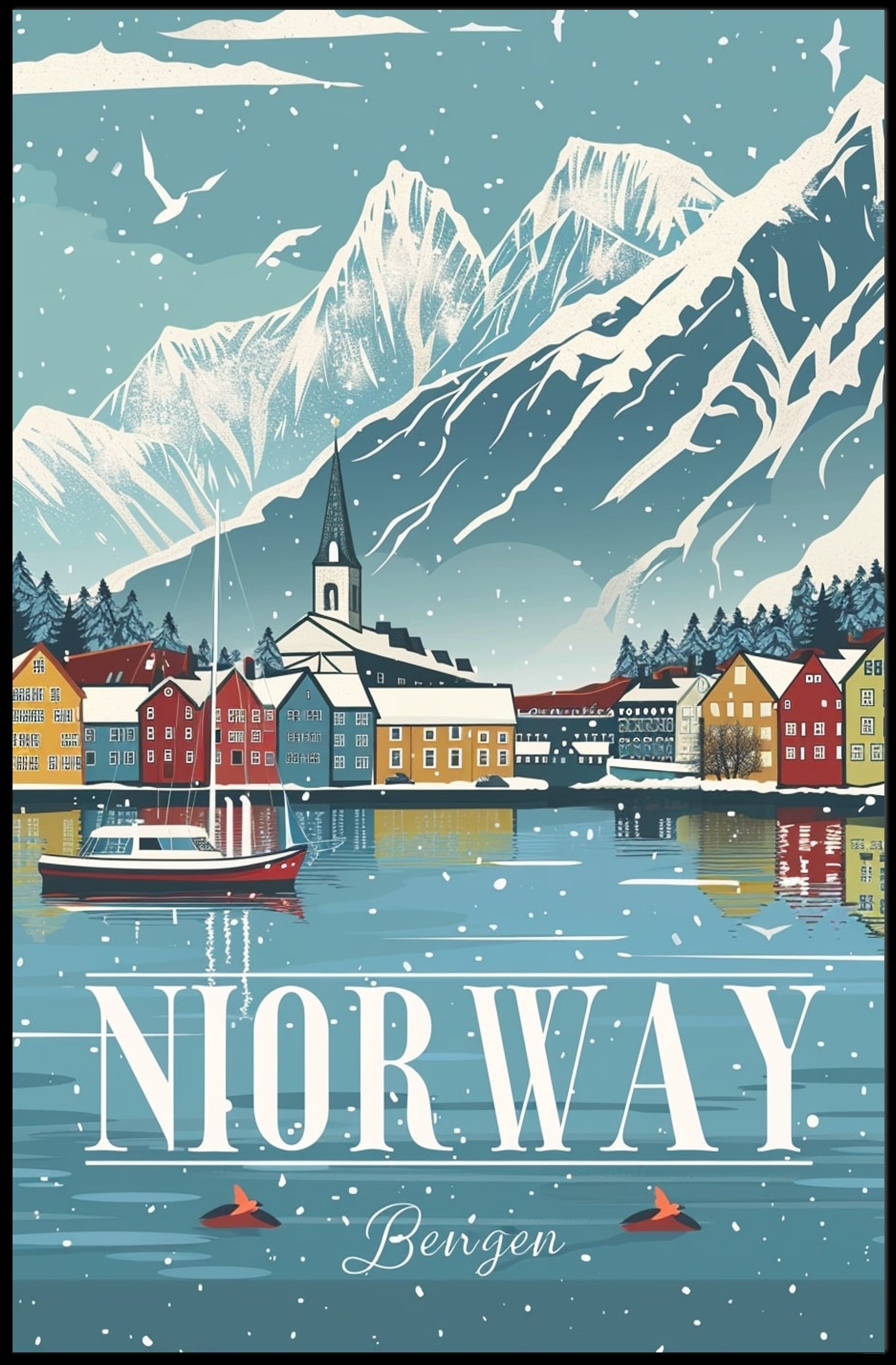 NORWAY Scenic Bergen Vintage Travel Poster PosterGoat