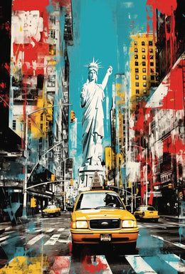 NYC Vibes: Liberty Meets Taxi in Pop Culture Poster PosterGoat