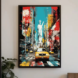 NYC Vibes: Liberty Meets Taxi in Pop Culture Poster PosterGoat