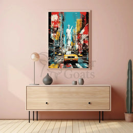NYC Vibes: Liberty Meets Taxi in Pop Culture Poster PosterGoat