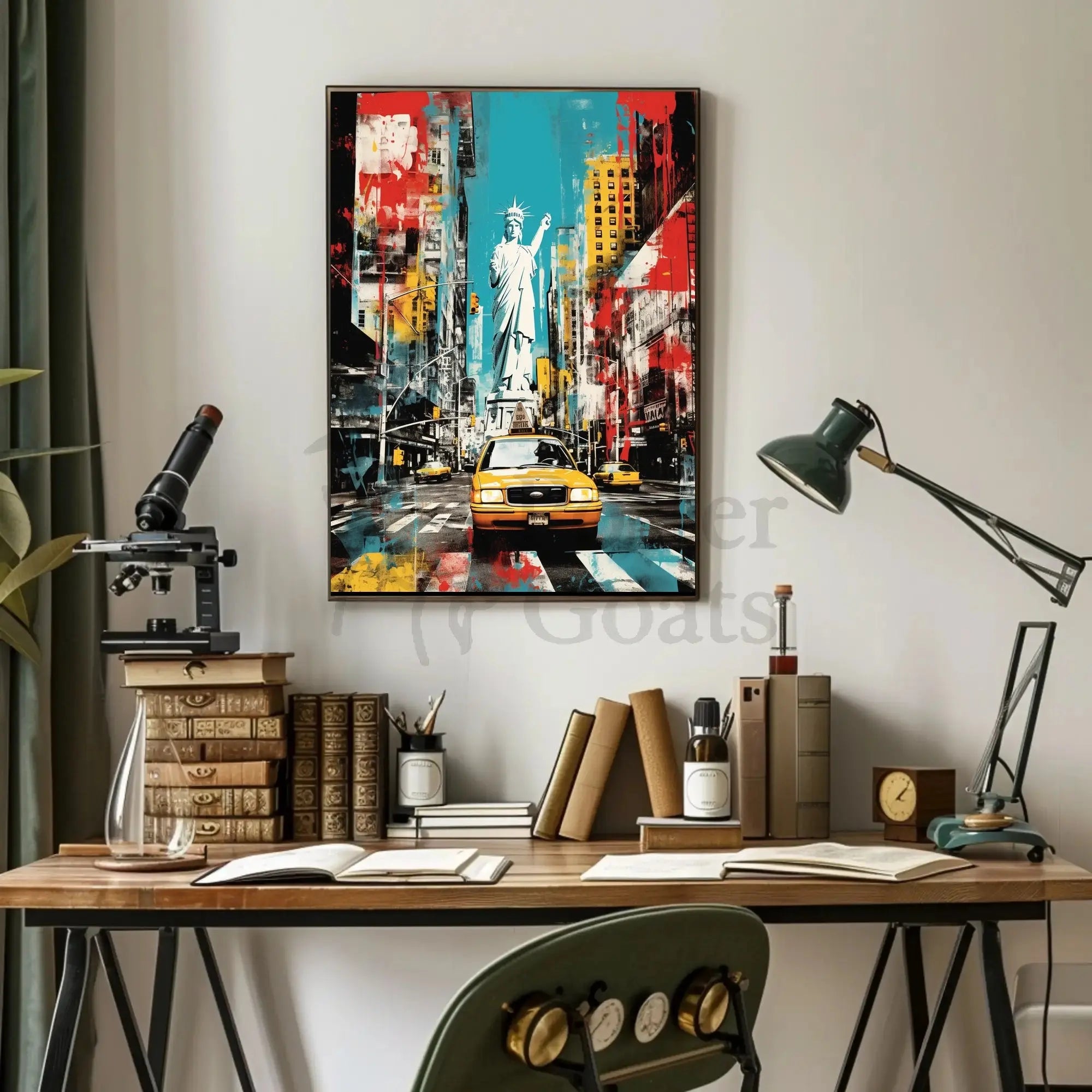 NYC Vibes: Liberty Meets Taxi in Pop Culture Poster PosterGoat