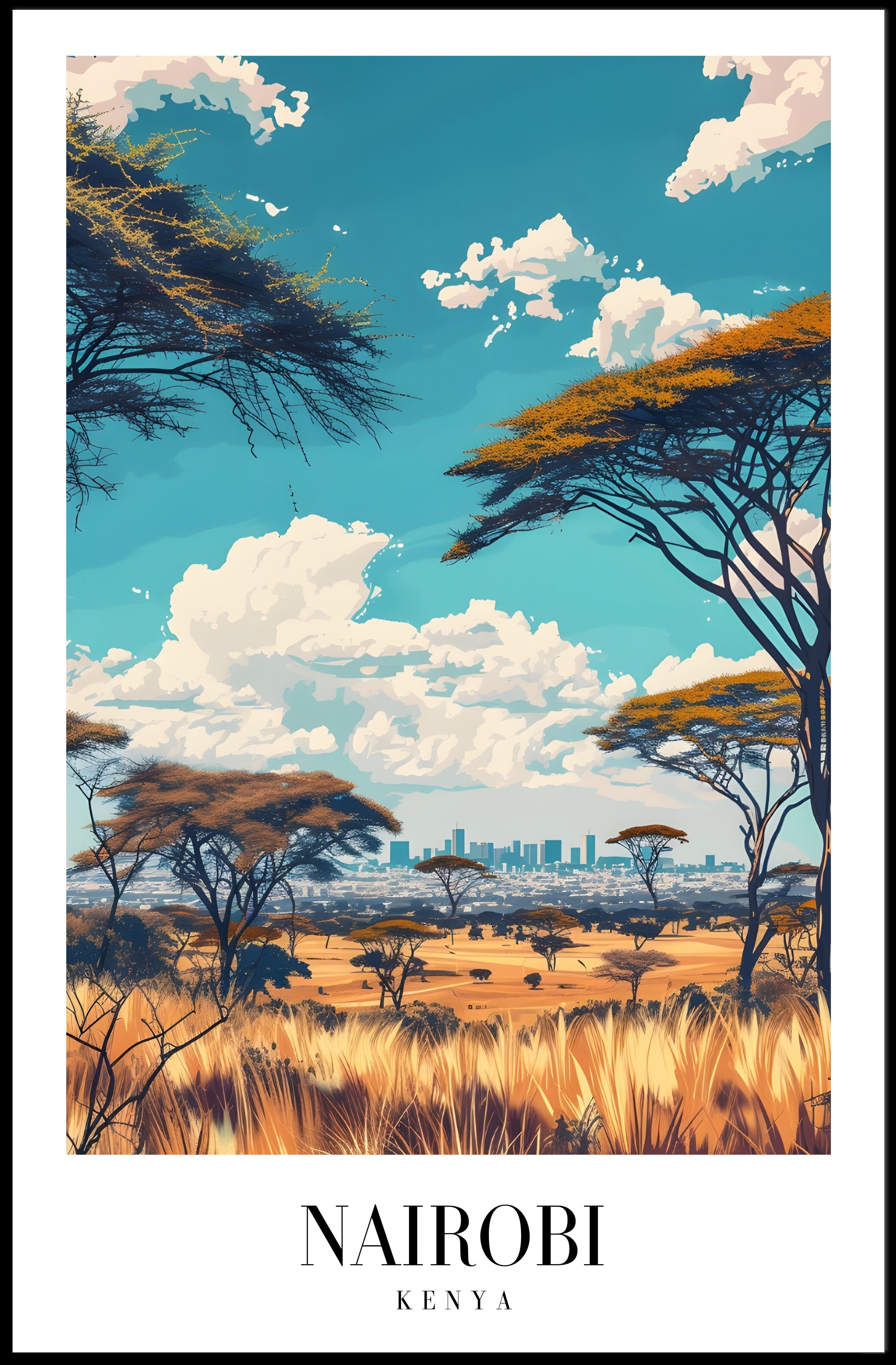 Nairobi Skyline and Savannah Travel Poster PosterGoat