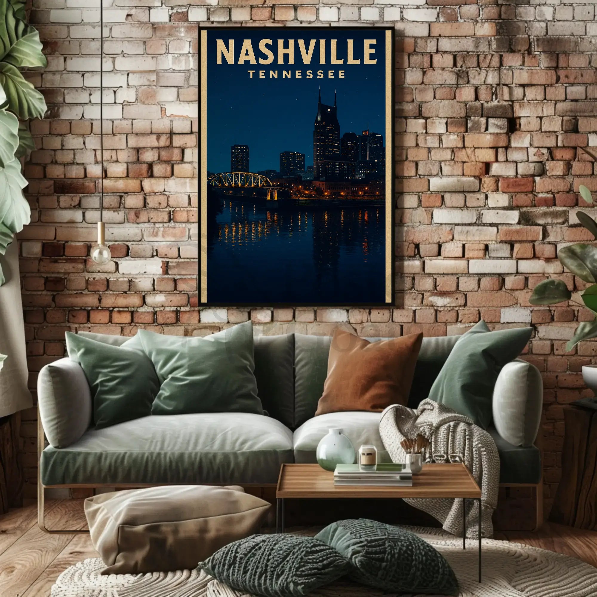 Nashville Night Skyline Vintage Travel Poster PosterGoat