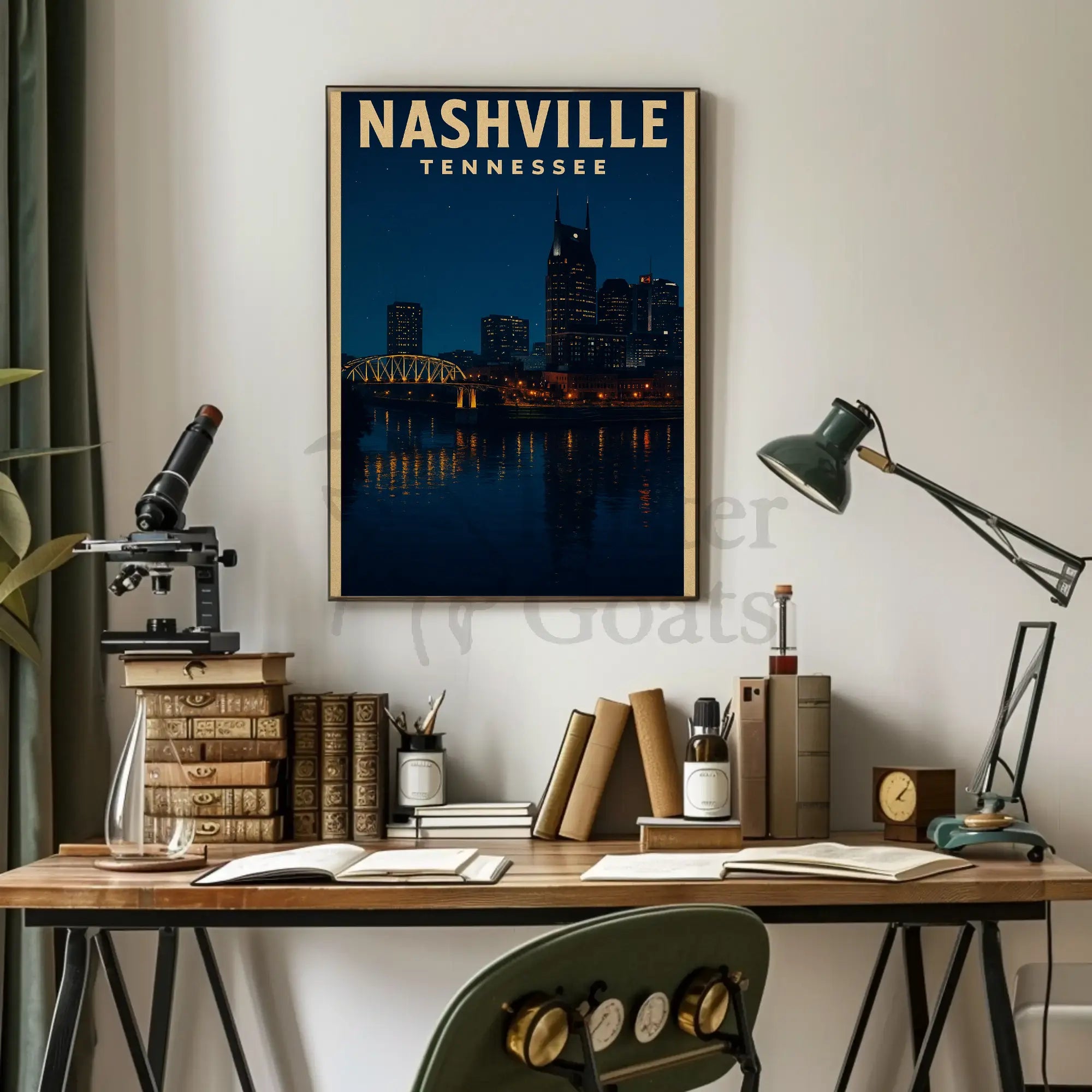 Nashville Night Skyline Vintage Travel Poster PosterGoat