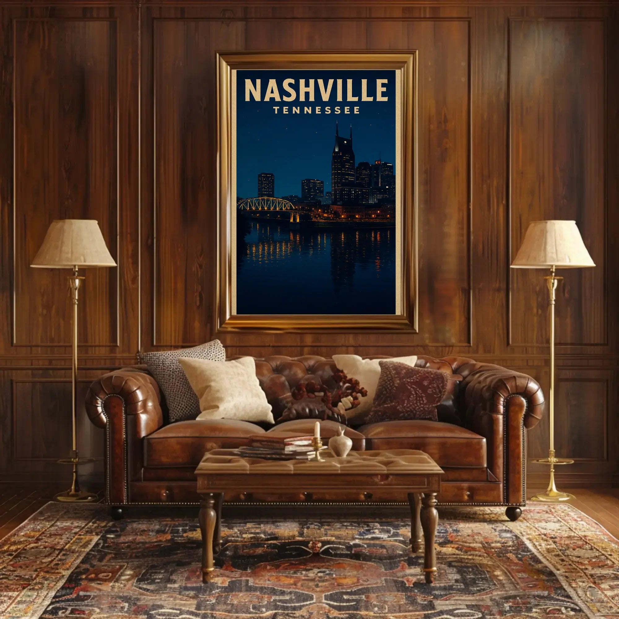 Nashville Night Skyline Vintage Travel Poster PosterGoat
