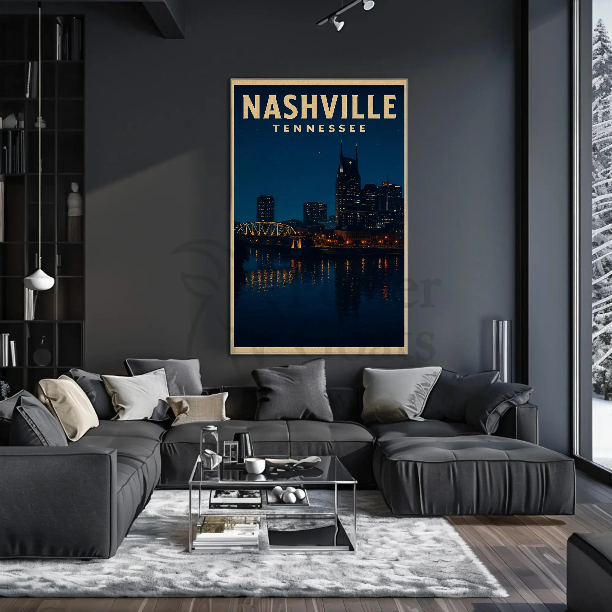 Nashville Night Skyline Vintage Travel Poster PosterGoat