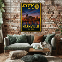 Nashville Skyline Sunset Celebration Travel Poster PosterGoat