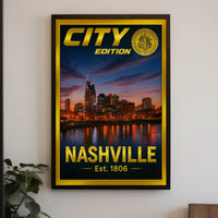 Nashville Skyline Sunset Celebration Travel Poster PosterGoat