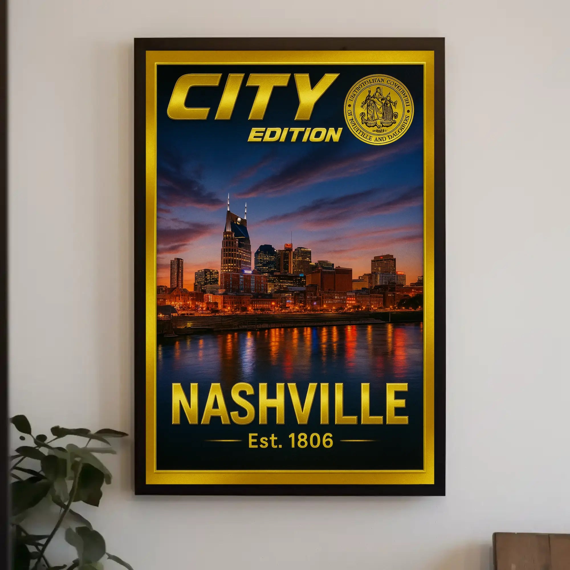 Nashville Skyline Sunset Celebration Travel Poster PosterGoat