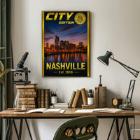 Nashville Skyline Sunset Celebration Travel Poster PosterGoat