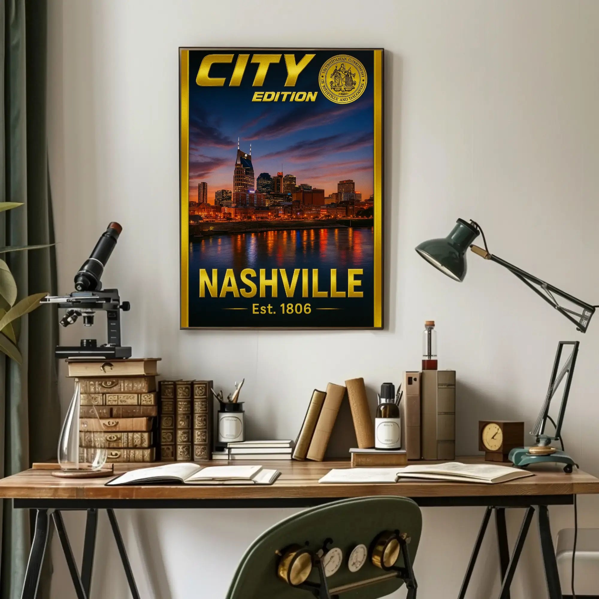 Nashville Skyline Sunset Celebration Travel Poster PosterGoat