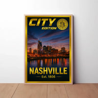 Nashville Skyline Sunset Celebration Travel Poster PosterGoat