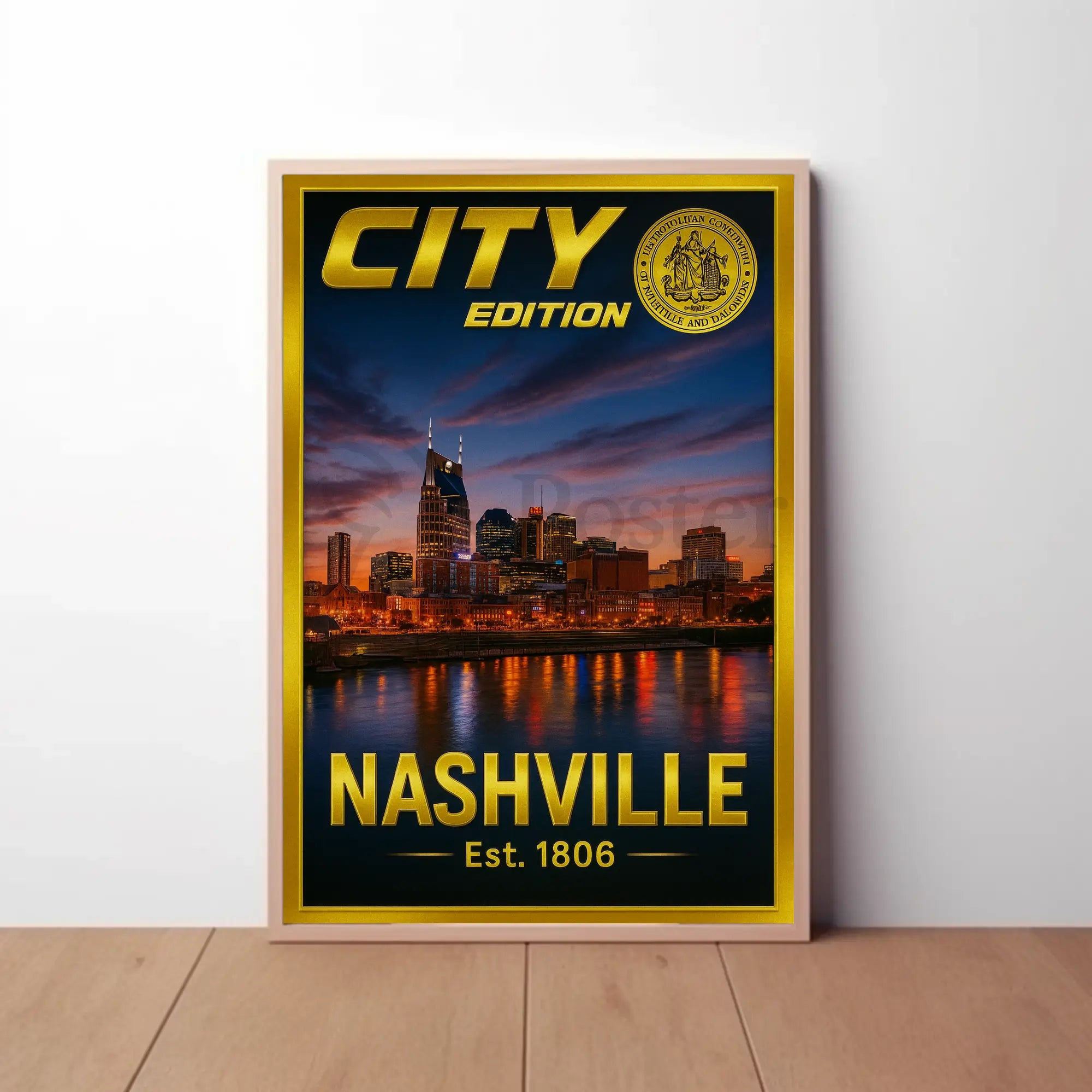 Nashville Skyline Sunset Celebration Travel Poster PosterGoat