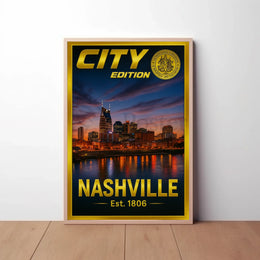 Nashville Skyline Sunset Celebration Travel Poster PosterGoat