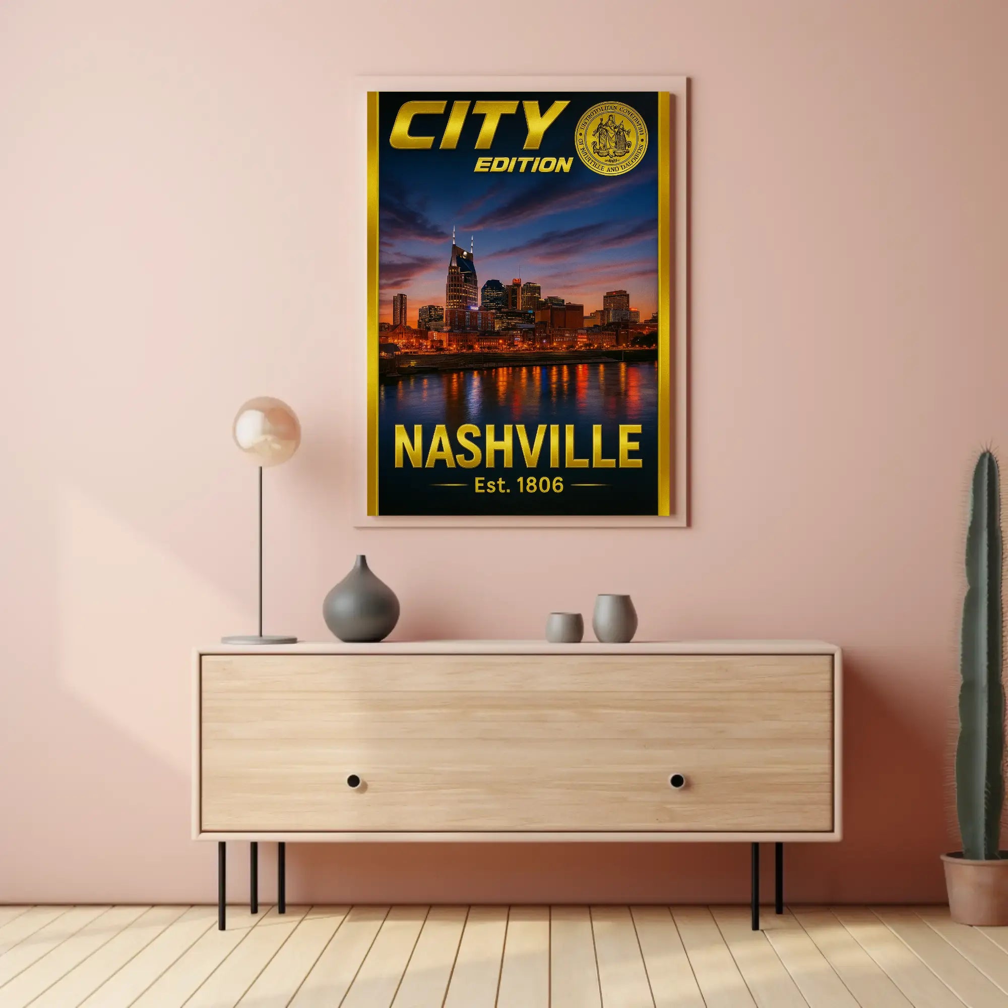 Nashville Skyline Sunset Celebration Travel Poster PosterGoat