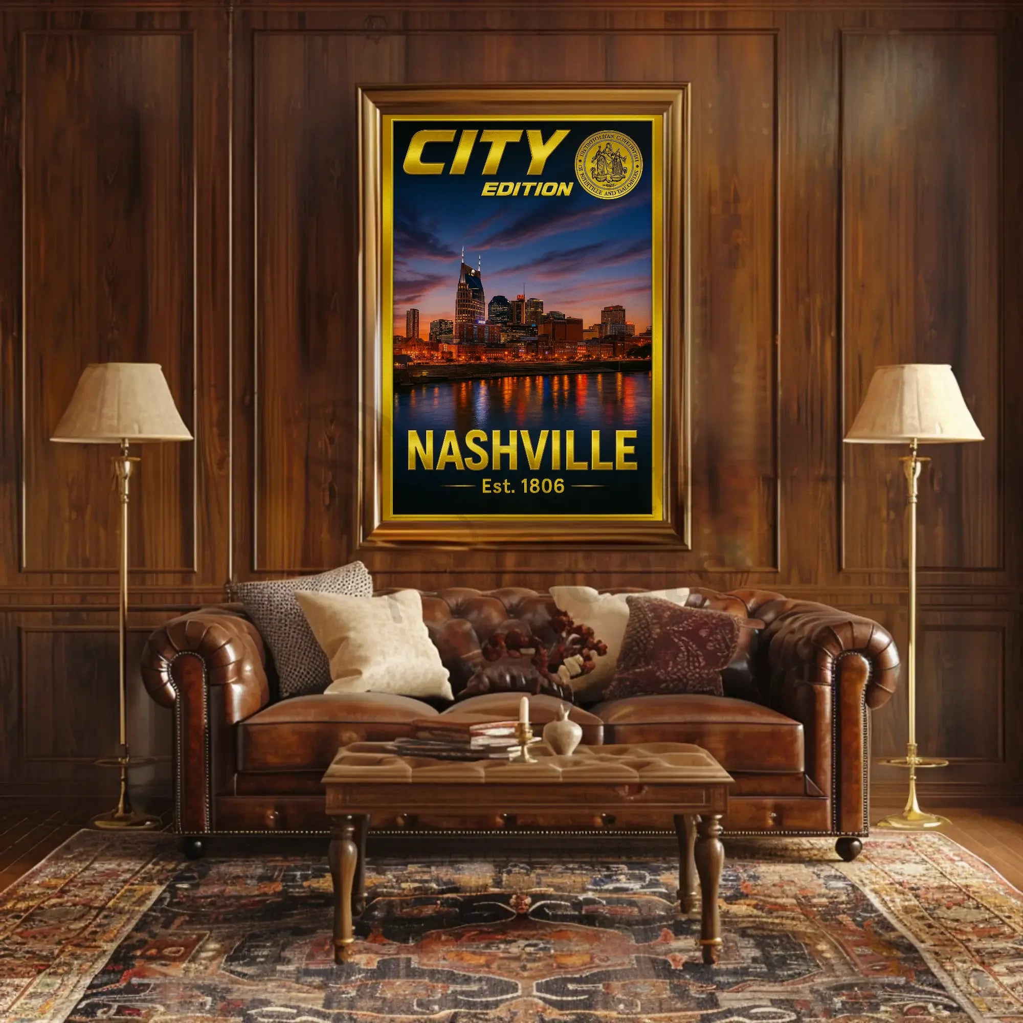 Nashville Skyline Sunset Celebration Travel Poster PosterGoat