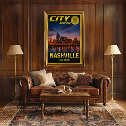 Nashville Skyline Sunset Celebration Travel Poster PosterGoat