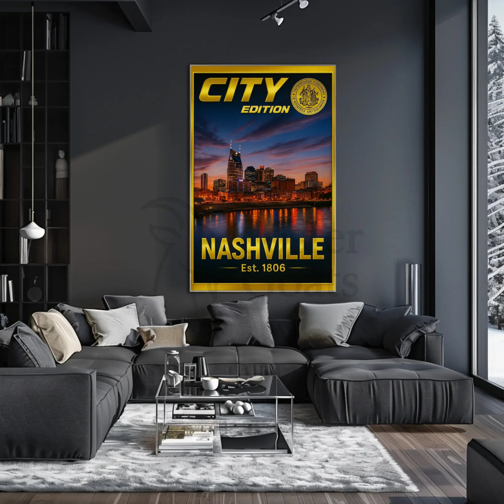 Nashville Skyline Sunset Celebration Travel Poster PosterGoat