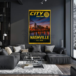 Nashville Skyline Sunset Celebration Travel Poster PosterGoat