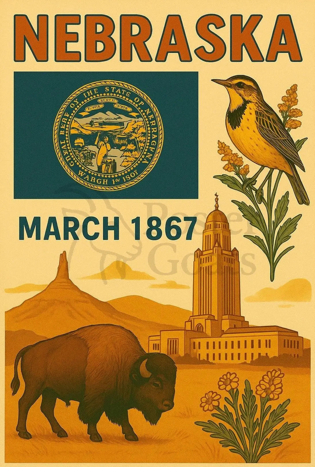 Nebraska Heritage Vintage Art Print Cultural or Heritage Poster PosterGoat