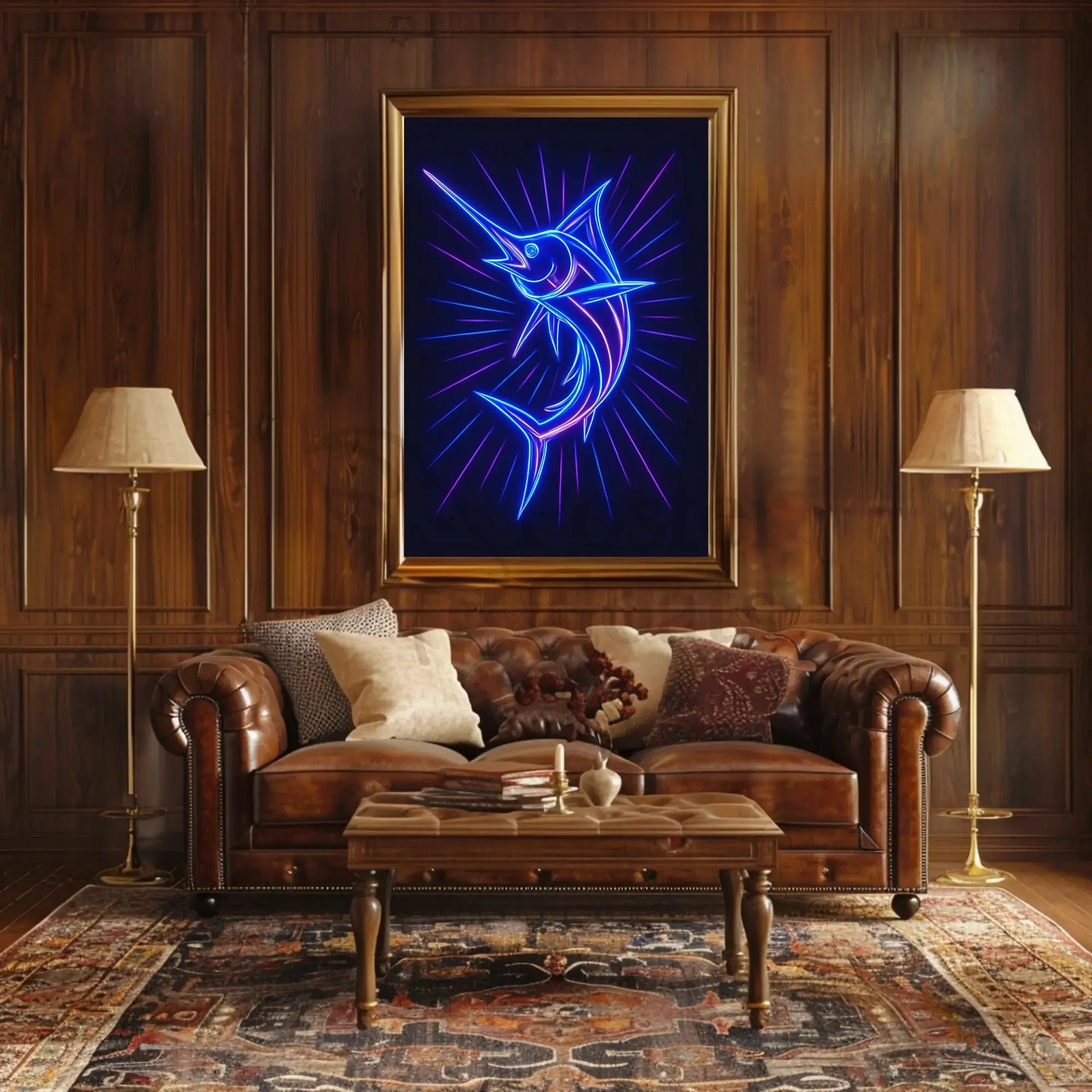 Neon Marlin Splendor: Striking Animal Poster PosterGoat