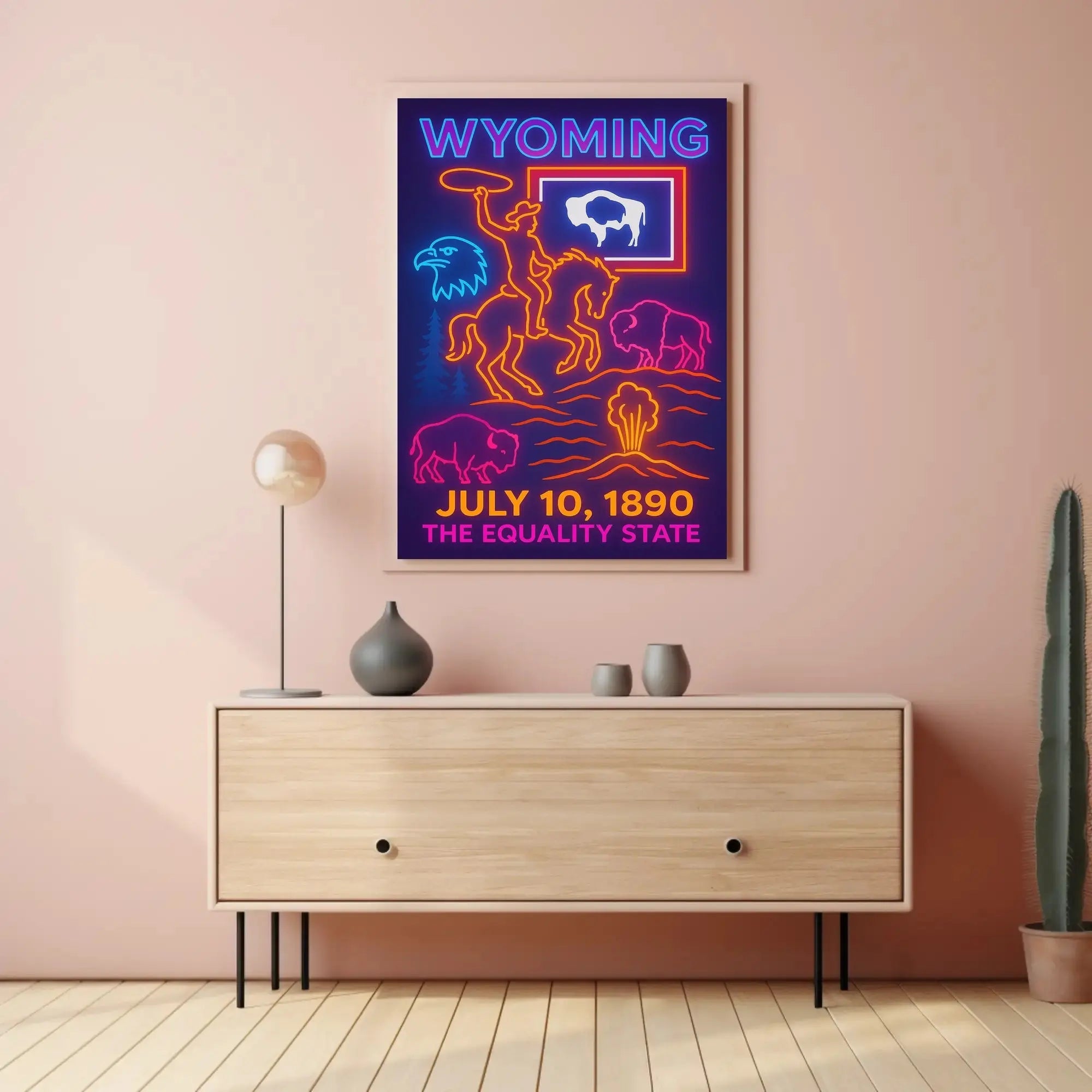 Neon Retro Wyoming Americana Poster - Cultural or Heritage Poster PosterGoat