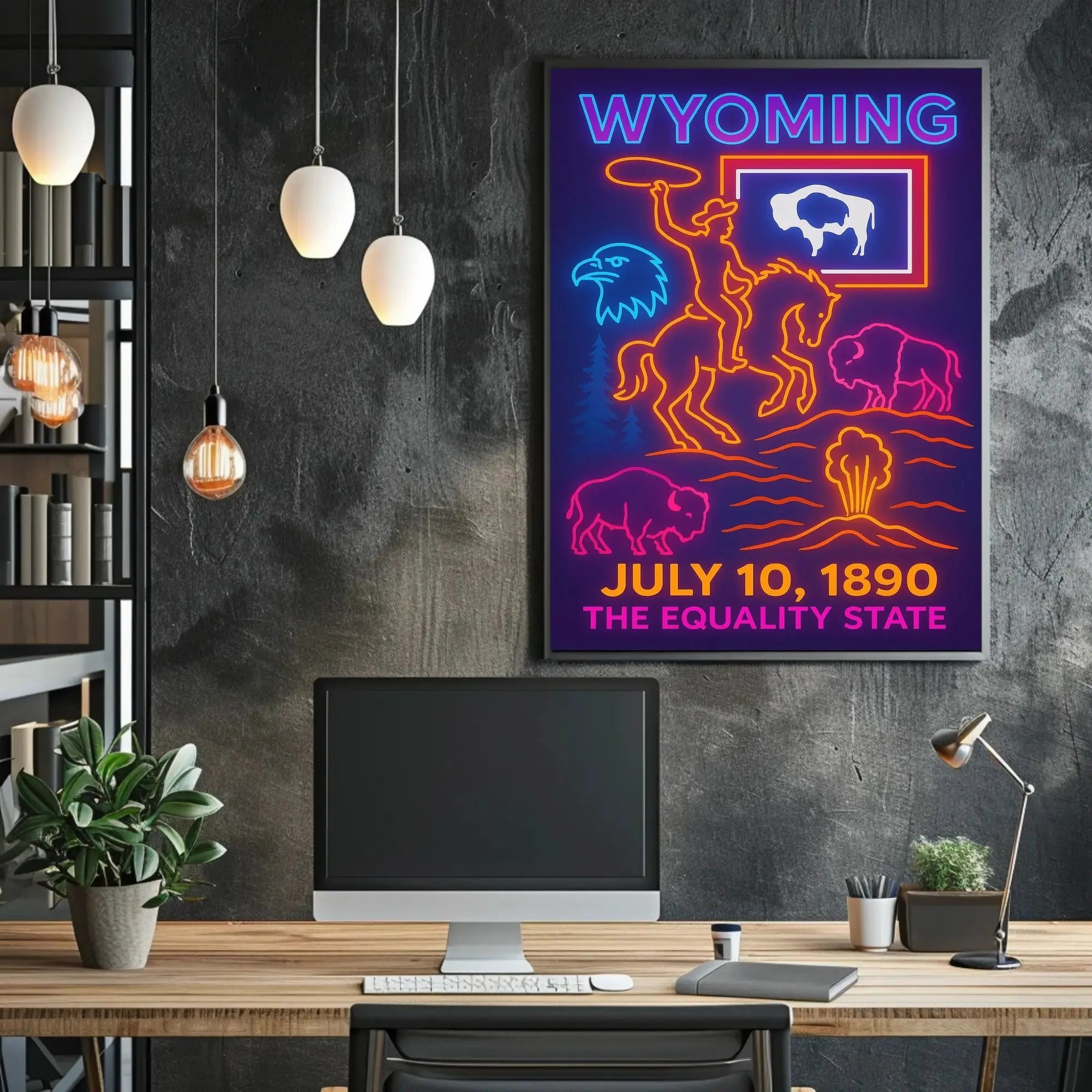 Neon Retro Wyoming Americana Poster - Cultural or Heritage Poster PosterGoat